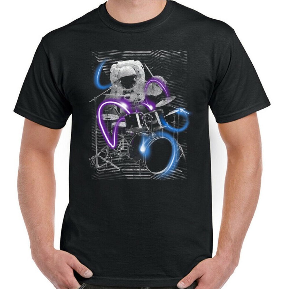 Drumming T-Shirt Drummer Mens Funny Drum Kit Spaceman Astronaut Band Top Astro